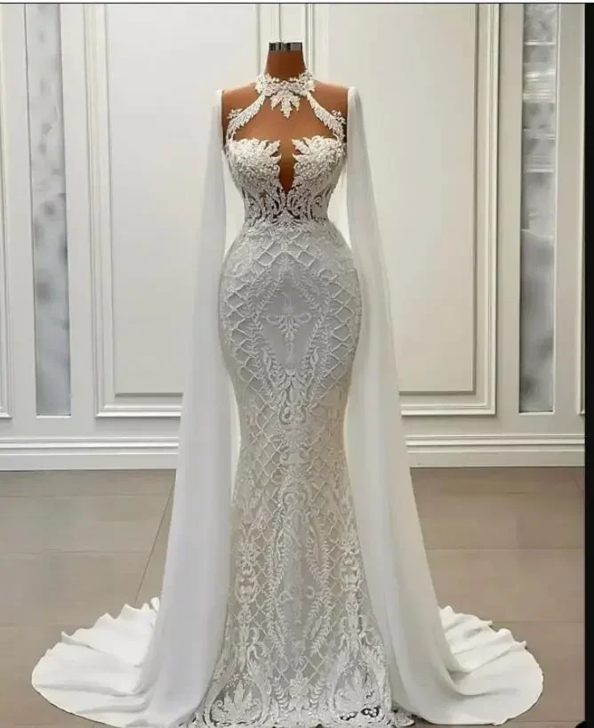Customized  High Neck Lace Mermaid Wedding Dresses With Cape Robe De Mariée 2025 Real Photo Bridal Gowns
