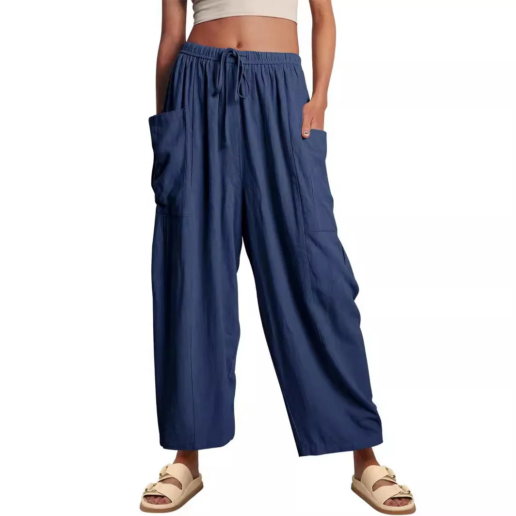 Pants Women 2025 Casual Elastic Waist Pleated mid-waist straight-leg Pants Loose Casual Cotton Linen nine-inch Pants