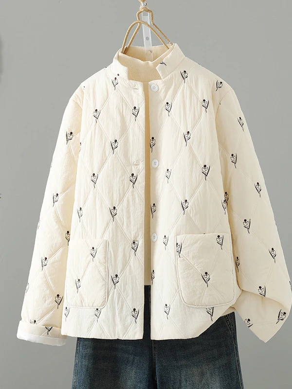 

Ele Lightweight Embroidered Cotton Jaet Stand Collar Floral Design Thiened Winter New Arrival Women's Faion Outerwear