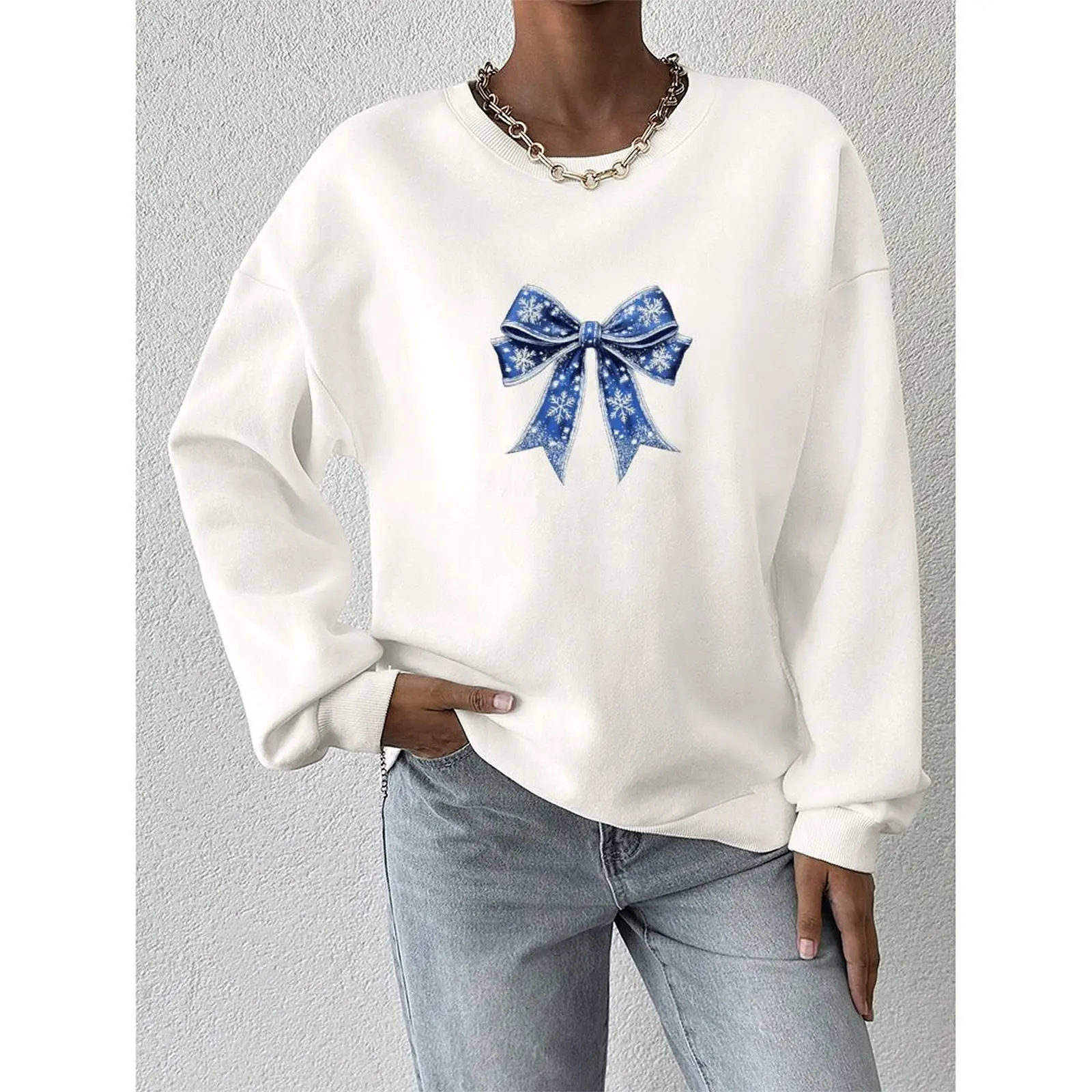 Round Neck Women Sweatshirt Velvet Winter Casual Novy God Russian New Year Printed Pattern Woman Clothes Casual T-Shirts Tops