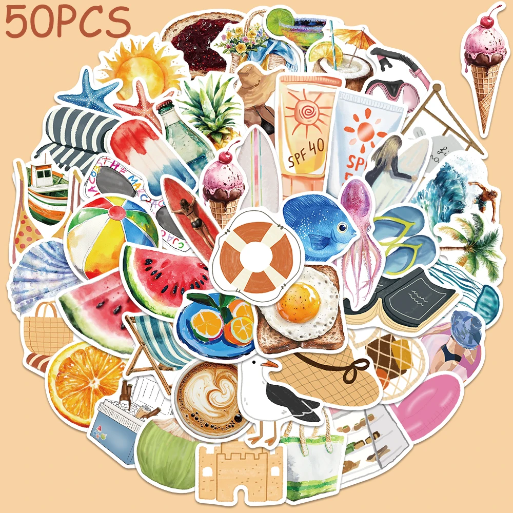 

50pcs Cartoon Boat Beach Pool Day Stickers Decals For Phone Scrapbook Luggage Surfboard Helmet DIY Graffiti Waterproof Stickers