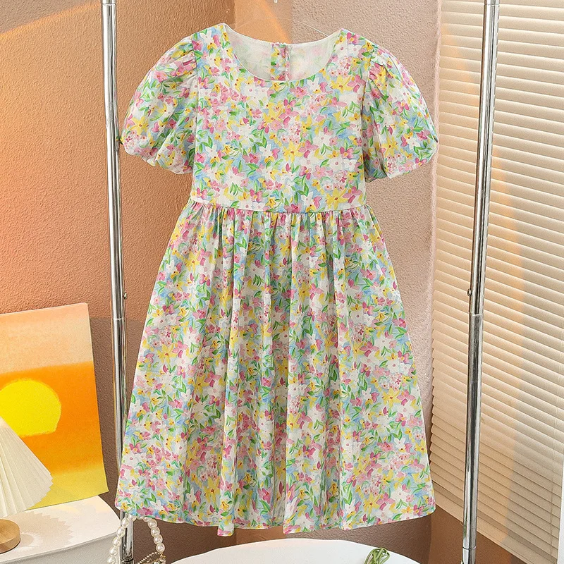 Girls summer cotton dress Floral puffed sleeve Princess dress French tea break forest loose fat cotton dress