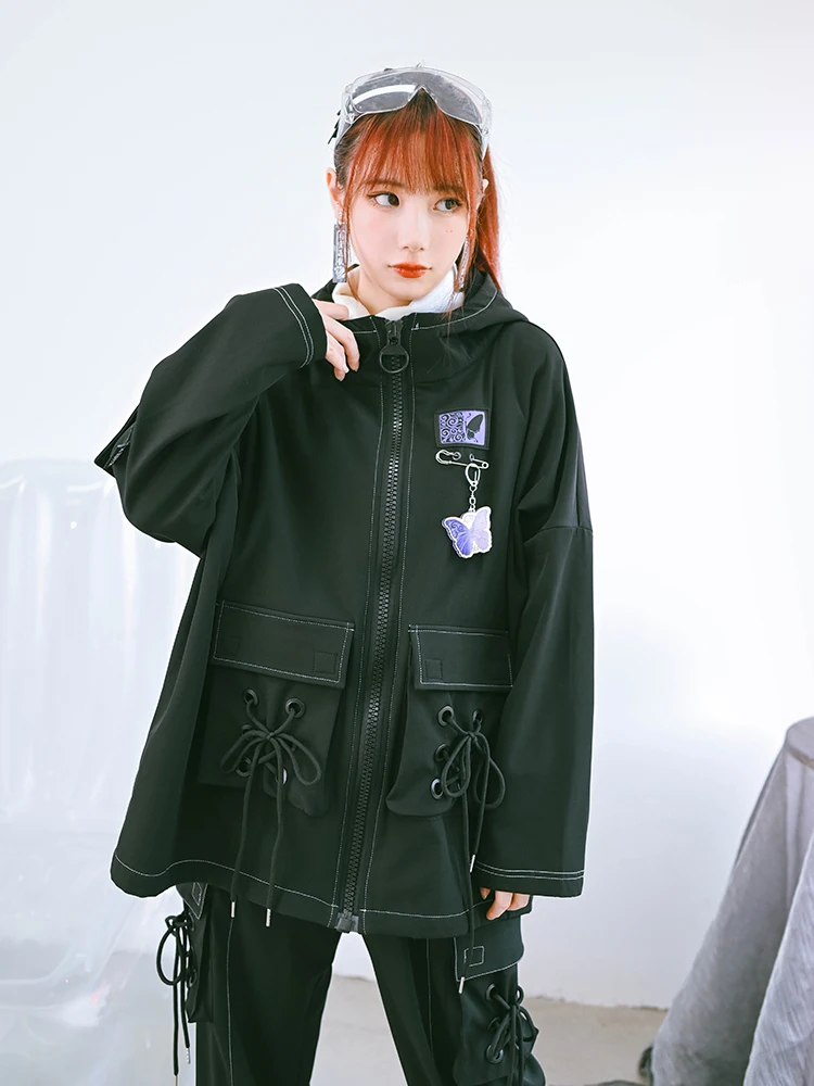 

Black Sweet Cool Mechanical Style Overalls Female Hooded Loose-Fitting Jacket Top