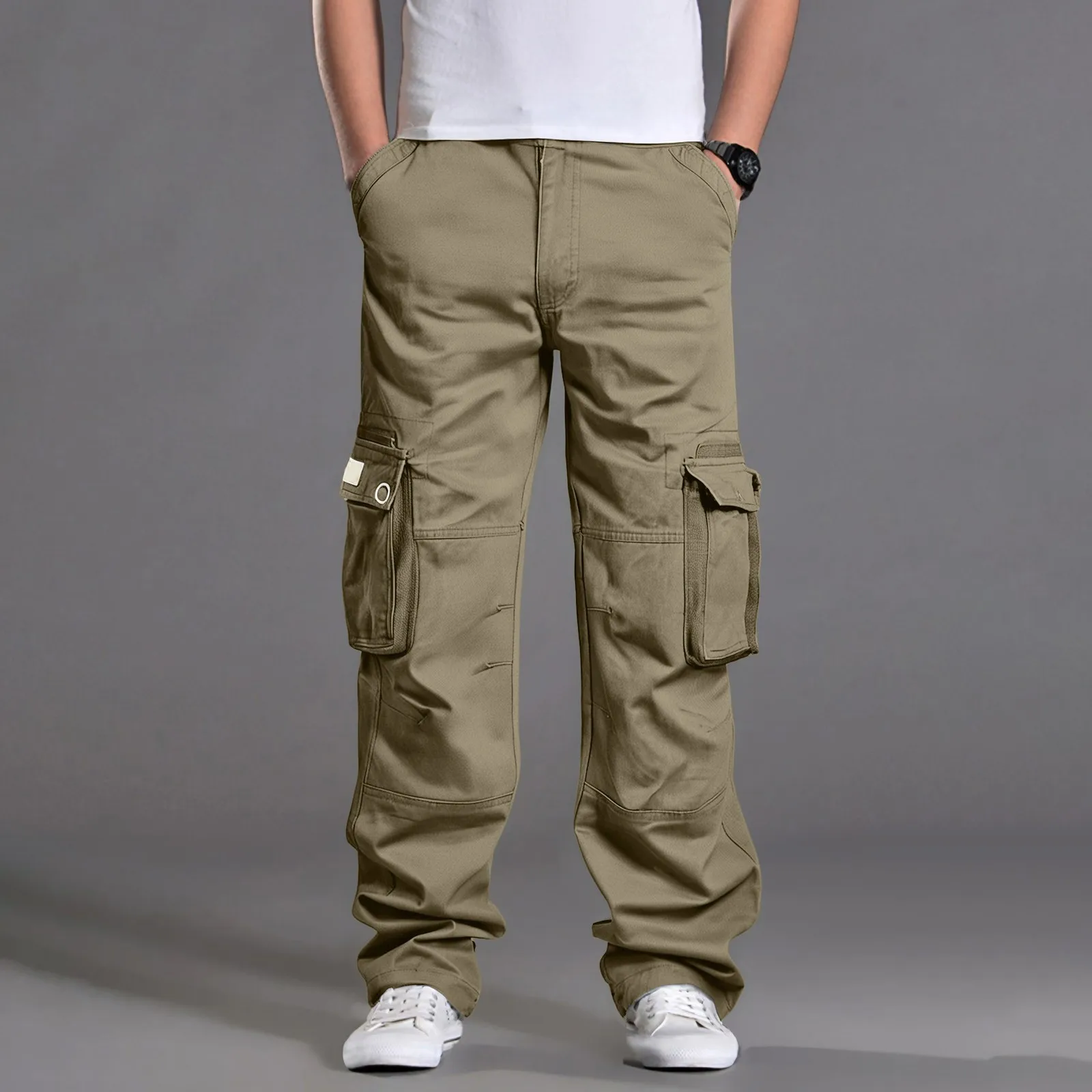 Fashion Retro Cargo Pant Men Solid Color Spring Summer Casual Multi-pocket Waist Drawstring Trousers Loose Long Pants