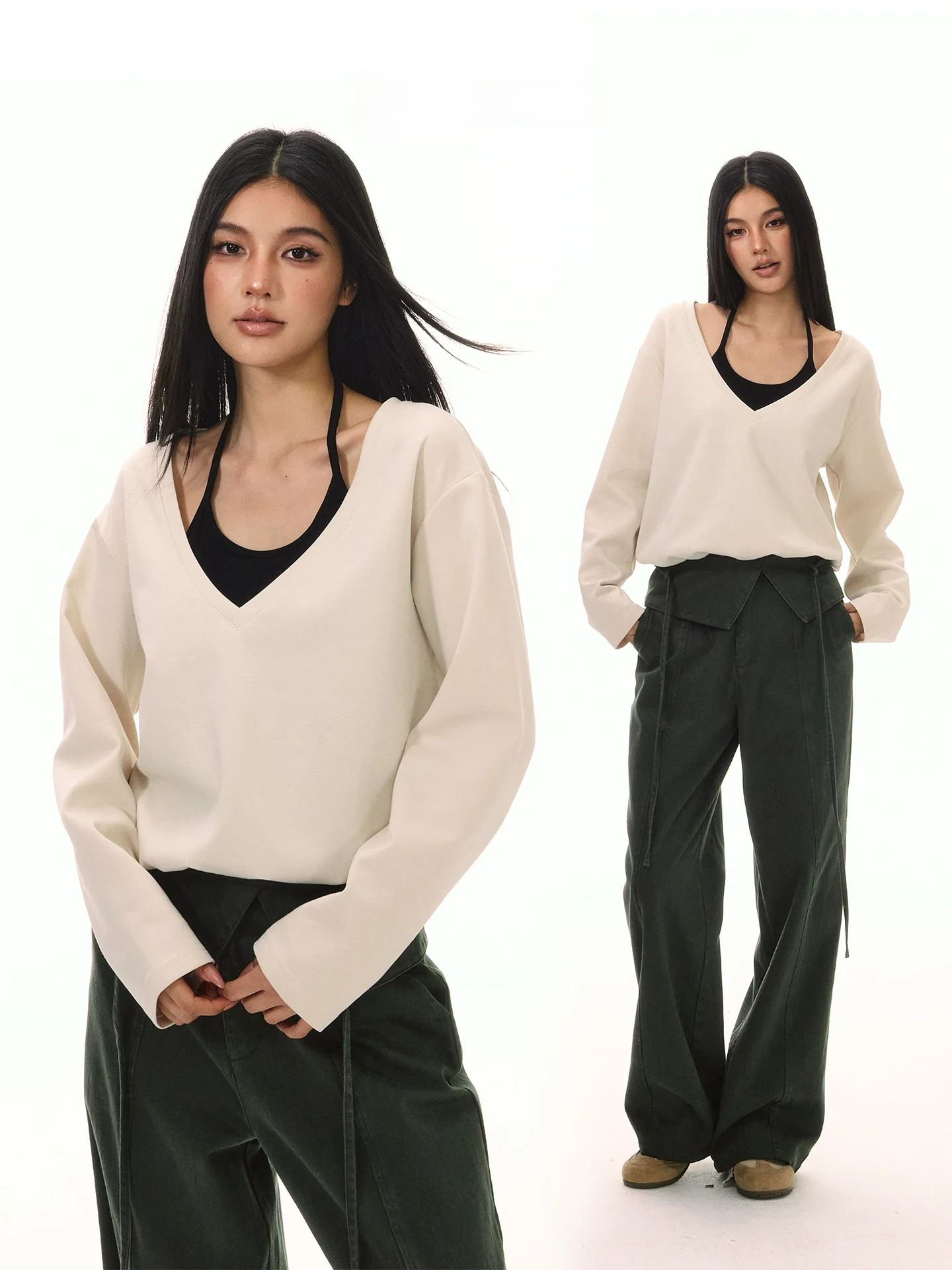 

Korean Sle V-Ne Hanging Ne Fake Two-Piece Knitted Sweater Women's Autumn Winter Long Sve Cotton Polyester Spandex Top
