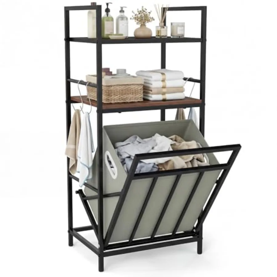 

Tilt Out Laundry Hamper with 2-Tier Shelves Industrial Laundry Basket Organizer with 4 Hooks and Hidden Removable Bag for Effic