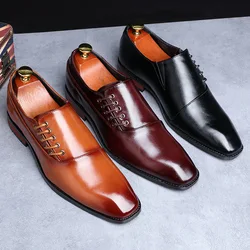 Chaussures d'affaires décontractées pour hommes, cuir microcarence, parka carrée à lacets, chaussures plates de bureau pour hommes, mode, fête de mariage, Oxfords