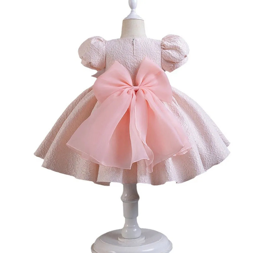 Super Pearl Bow Girl Kid\'s Dress Puff Sleeve Princess Jacquard Flower Infant Dress Gown Christmas Party Clothes 1-6 Years