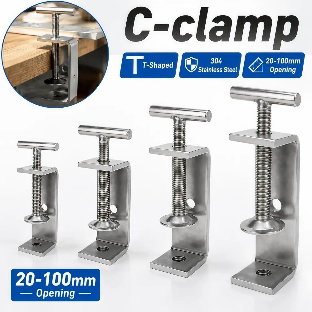 1pc 304 Stainless Steel C-clamp Adjustable 20-100mm Opening Square Clamp T-Shaped Sturdy Fixed Holder Clip Hardware Fasteners