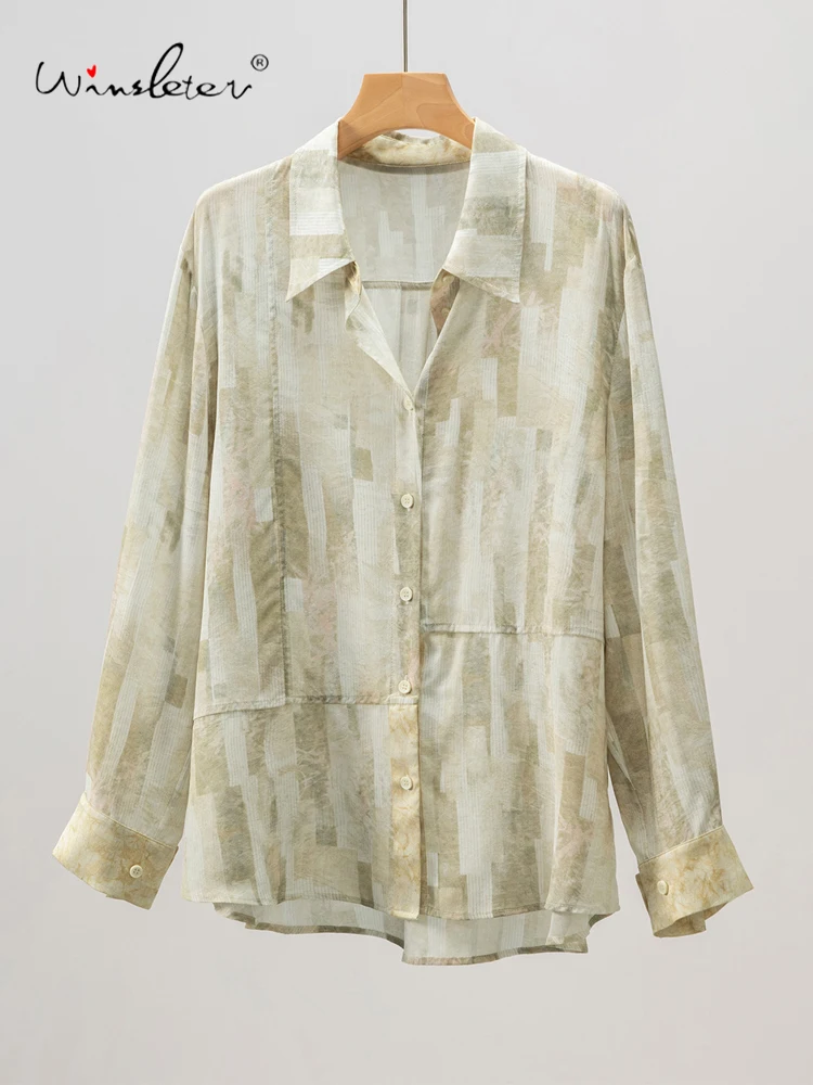 

Winsleter-100% элегантная рубашка из натурального шелка, пэчворк с принтом, женская свободная блузка с солнцезащитным кремом во французском стиле, осень 2023, новинка T59435CC