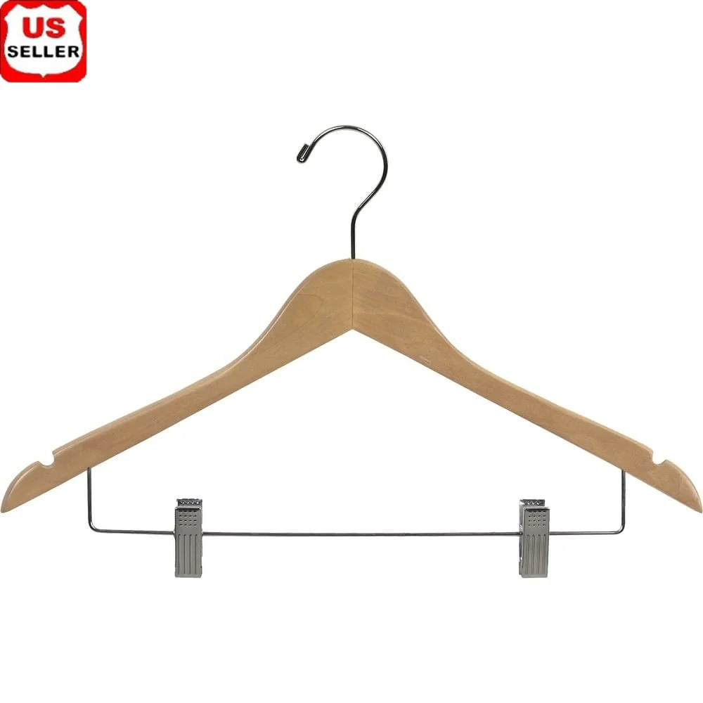 

Wooden Combo Hangers 25 Pack Natural Finish Space Saving 17 Inch Flat Hangers with Chrome Swivel Hook Ideal Closet Storage