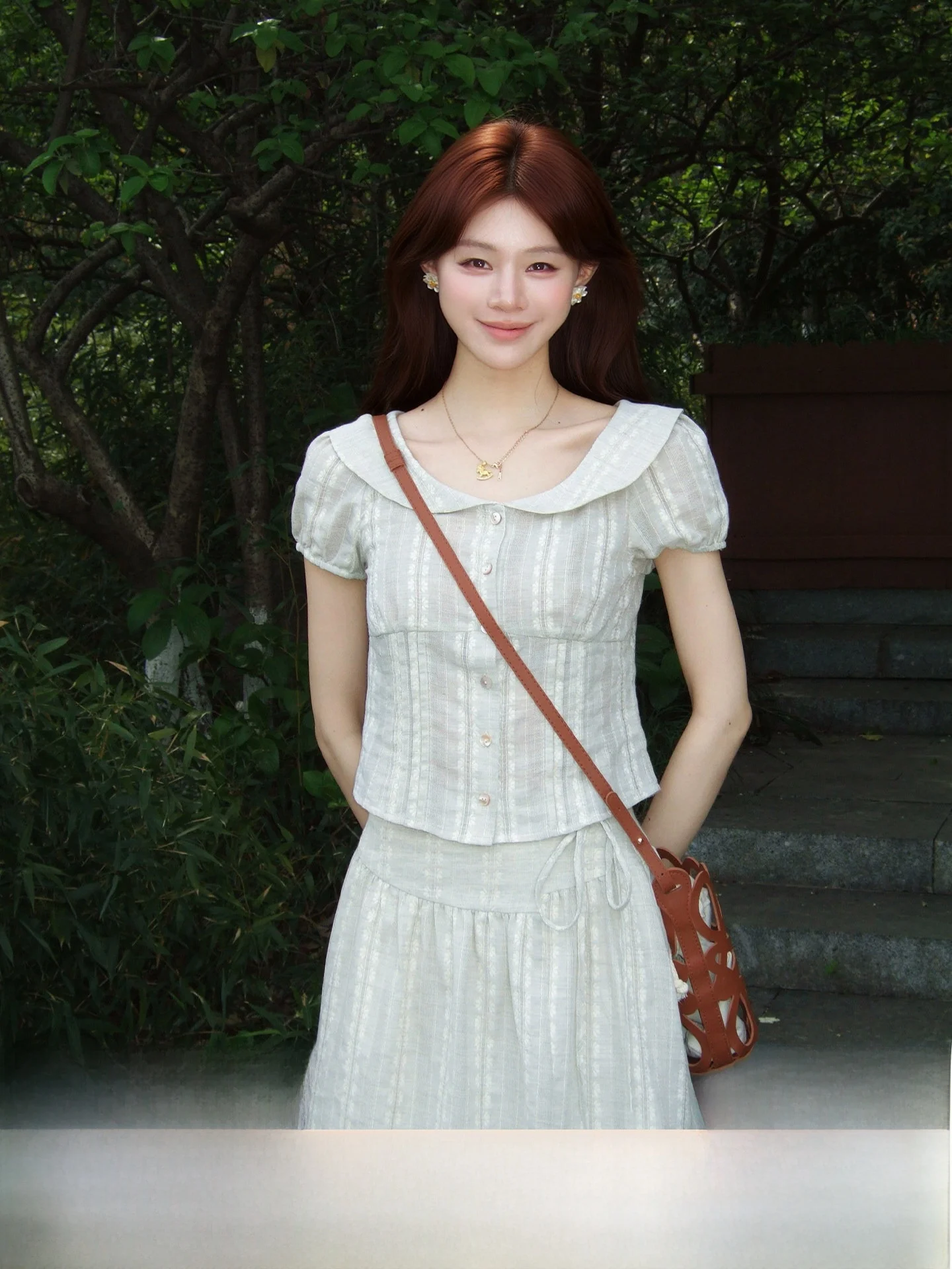 

Gray 100 Cotton Pleated Doll Collar Bubble Sleeve Shirt Stripe High Waist Skirt Two Piece Set Women's Fashion Summer Outfit