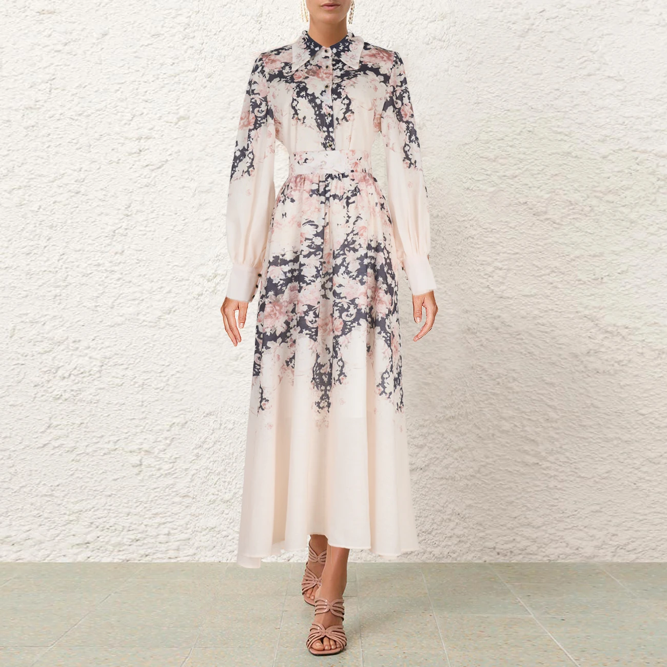 Nieuwe 2025 Lotus Stem Katoen Melk Thee Kleur Bloemenpatroon Lantaarn Sve irt plus Lange Rok Tweedelige Set Dames Faion