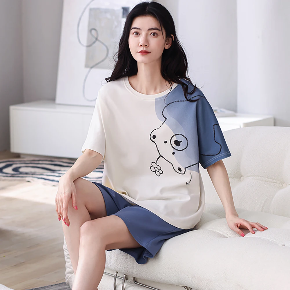 M-2XL 100% Cotton Summer Short Sets Women's Soft Sleepwear Suit Sweet Lovely Night Wear Woman Leisure Breathable Pyjama Femme