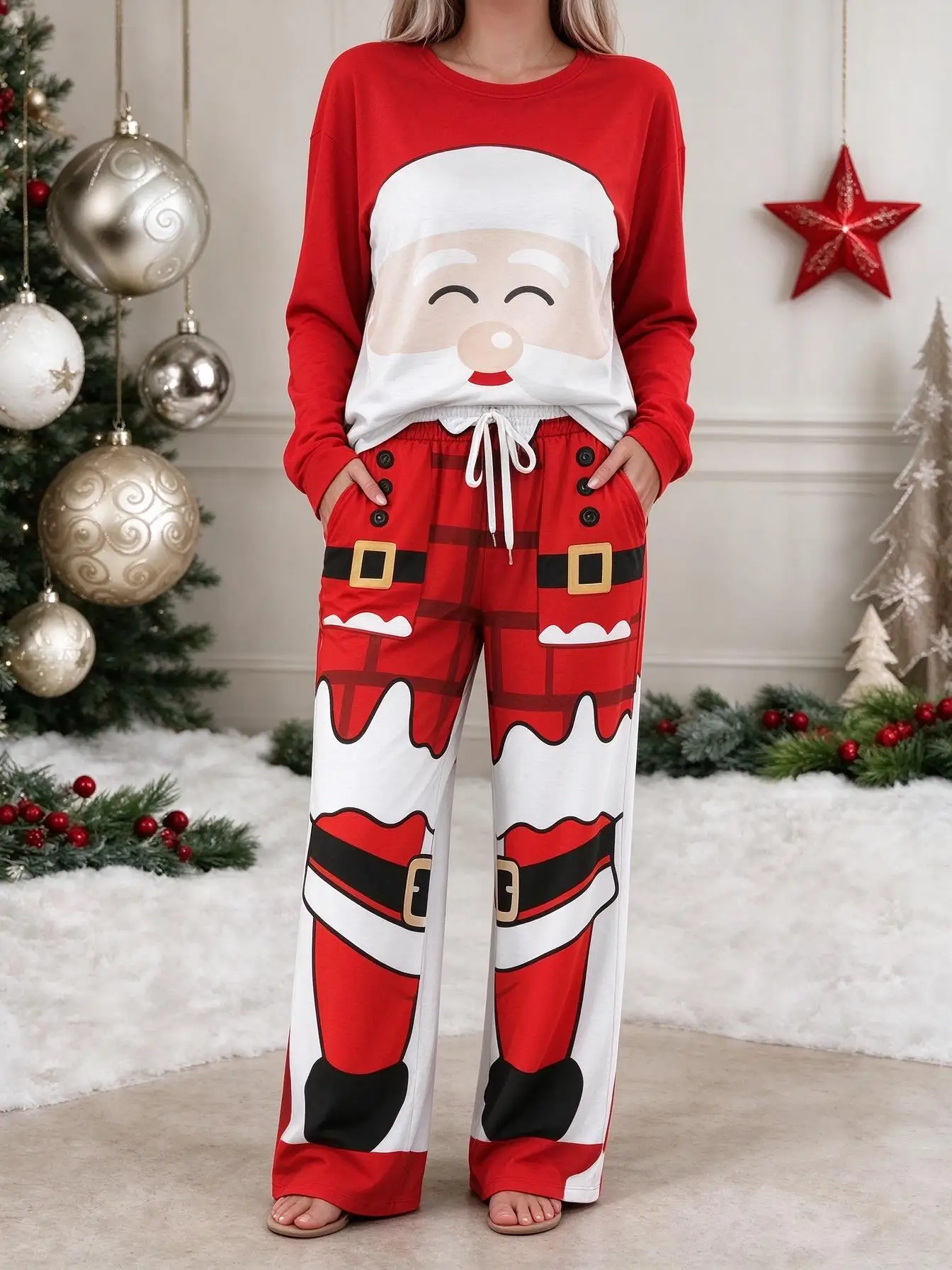 Women Imitation Cotton Pajama Set Christmas Santa Claus Full Print Round Neck Long Sleeve 2PCS Sleepwear Loungewear