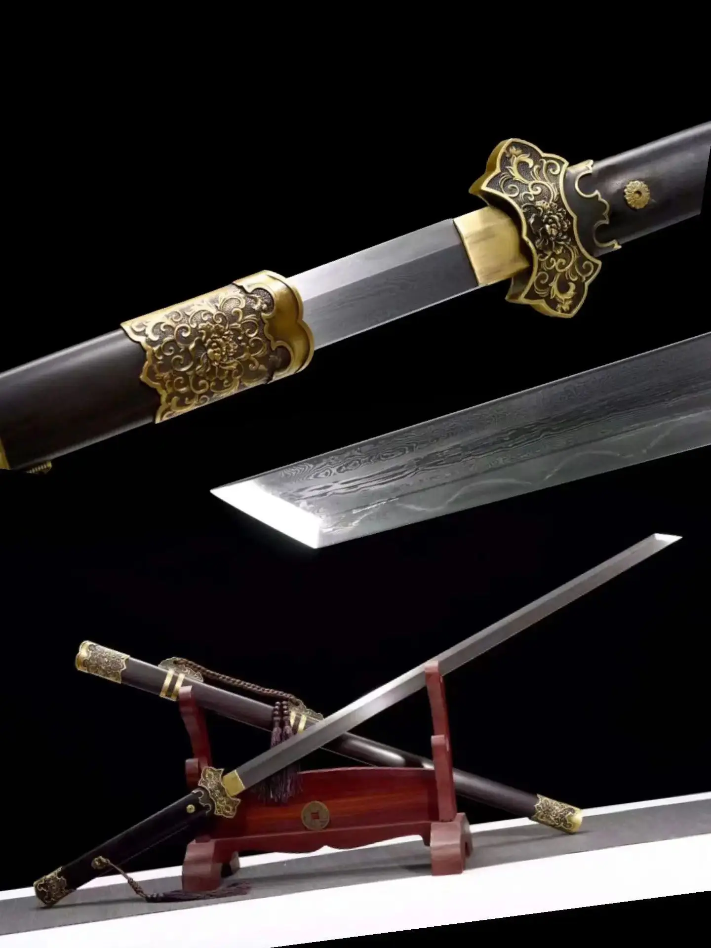 Real Chinese Kungfu Battle Sword, Prosperous Tang Sword, Handmade Multiple Refined Folded Pattern Steel Blade, Unsharp