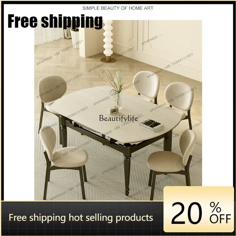 HJ French Retro Solid Wood Retractable Folding Stone Plate Dining Tables Mid-Ancient Cave Stone Dining Table Square Round Tabl
