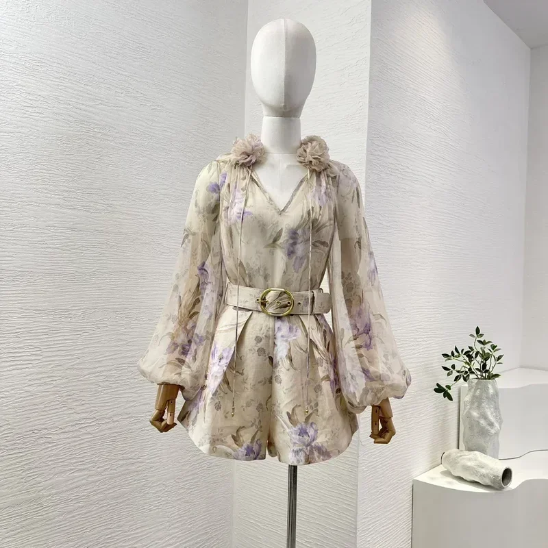 

High quality WomenAppliques 2025 New Collection Floral Print Lantern Sleeve Pure Silk Blouse and Belted Linen Shorts Sets
