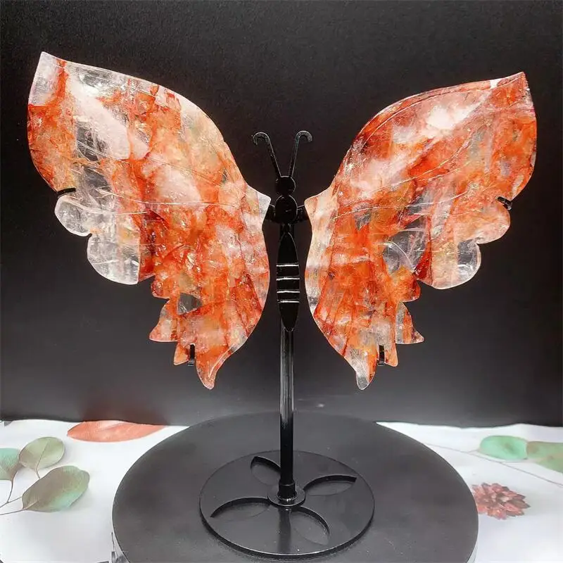 Natural Red Fire Quartz Hematoid Angel Wing Carving Healing Crafts Gift Room Decor Home Decoration Birthday Gift 1pair