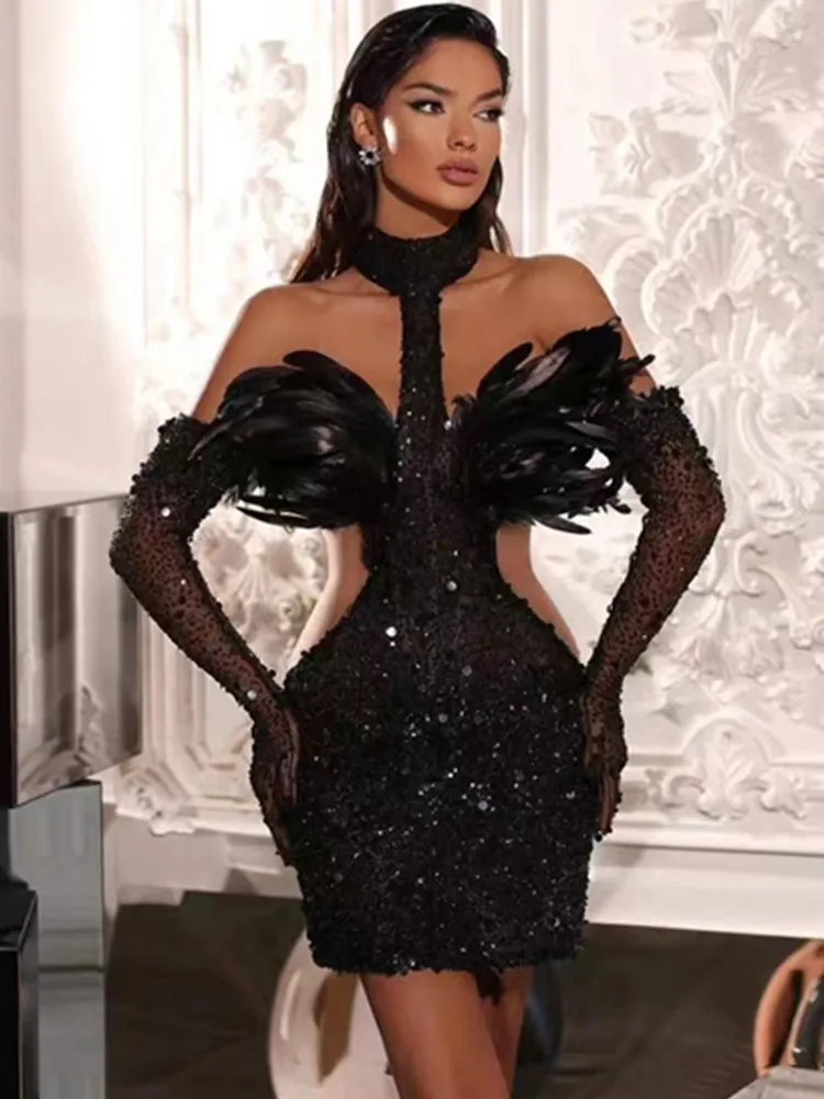 

Women Luxury Party Dress with Long Gloves Chic Black Feathers Bustier Cut Out Sequines Glitter Bodycon Mini Evening Dresses