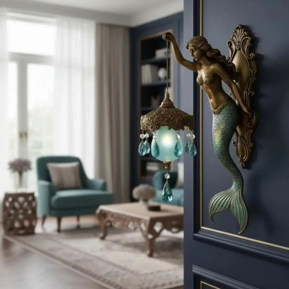 

Resin Material Mermaid Wall Lamp Soft Ambient Light Crystal Pendant Resin Wall Lamp Mermaid Design Ocean Style