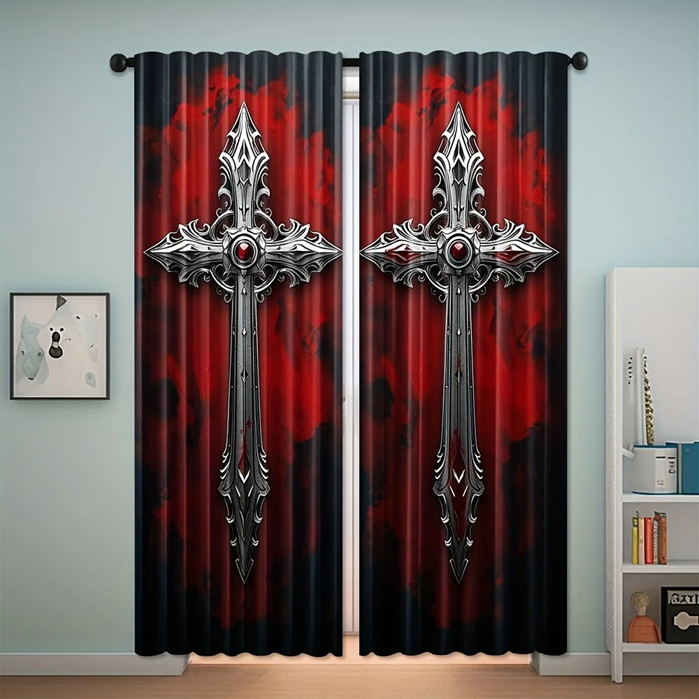 2pcs Gothic Vintage Cross Print Polyester Curtains with Rod Pocket – for Bedroom, Living Room, Room & Home Decor