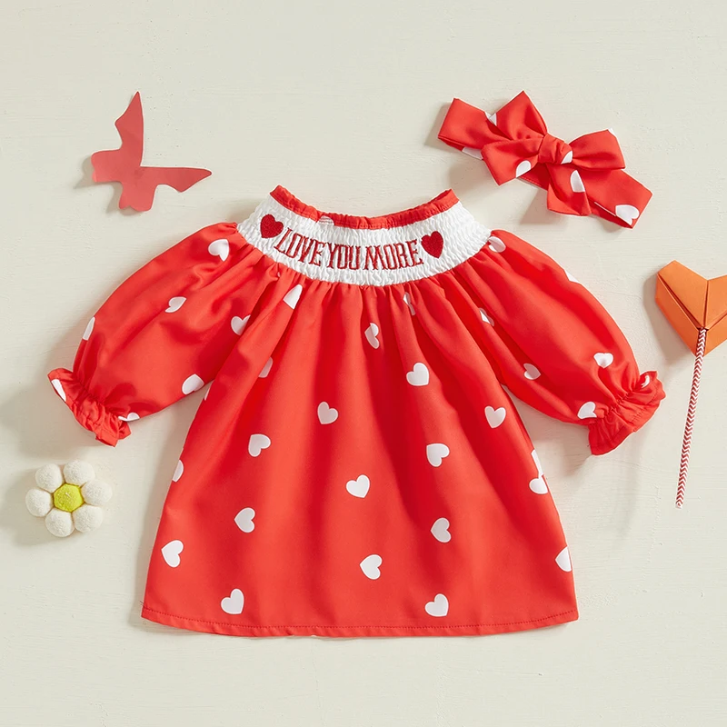 Roupa infantil de dia dos namorados para meninas, manga comprida, gola redonda, vestido com estampa de coração e faixa de cabeça combinando e conjunto de meia-calça