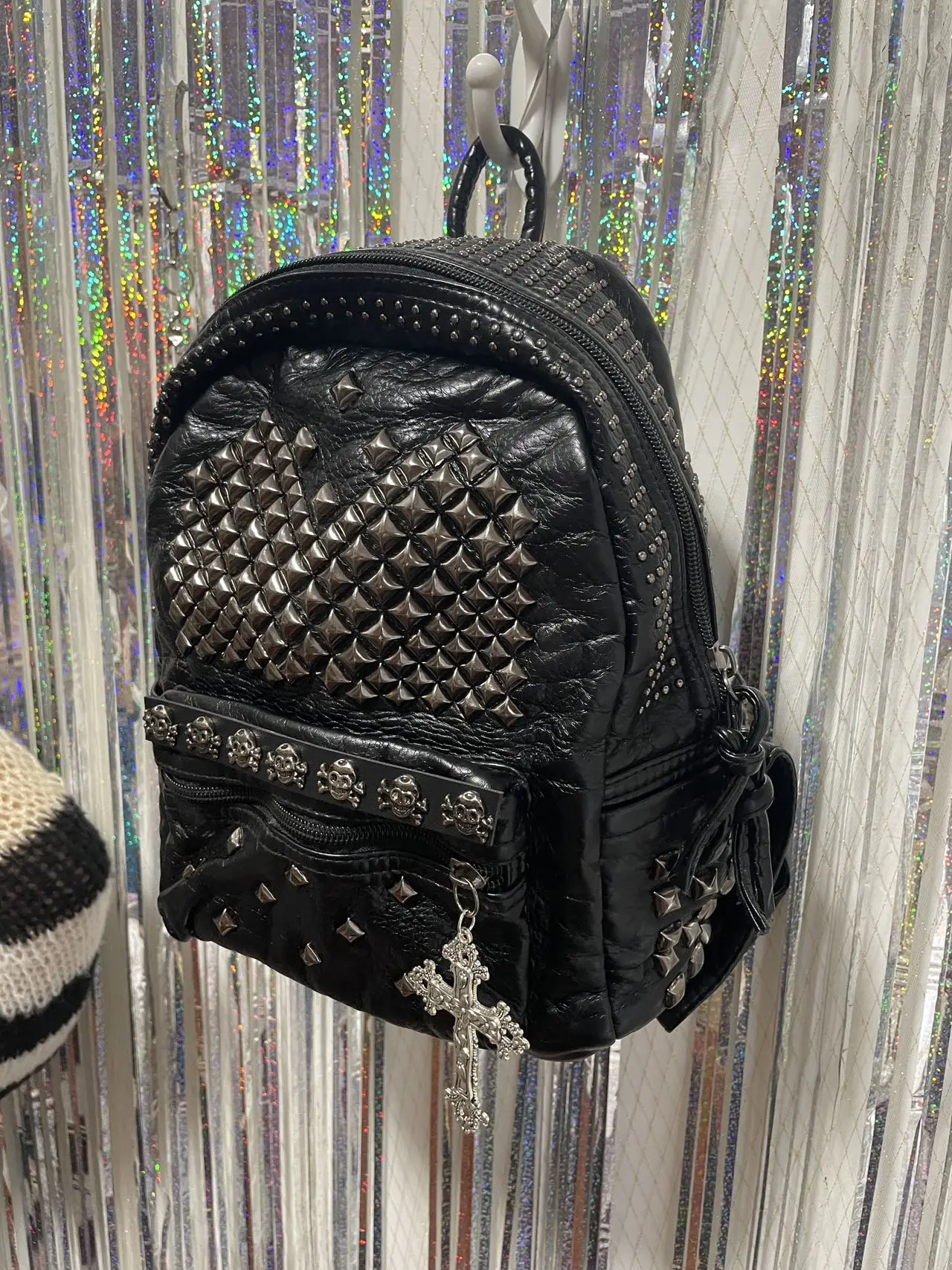Punk Pyramid Studded Backpack Y2K Black Faux Leather Mini Backpack Skull Rivet Cross Charm Gothic Alt Rock Daypack