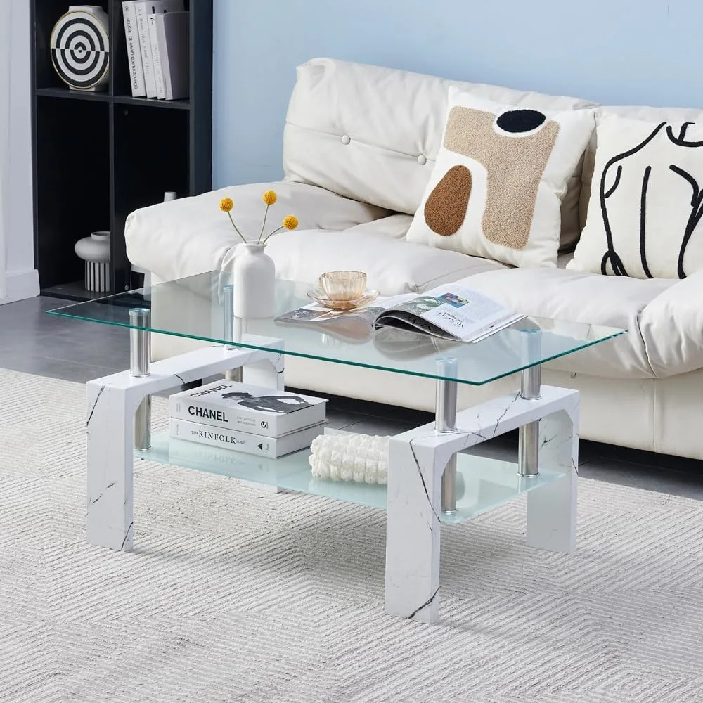 

Living Room Rectangle Coffee Table, Modern Side Coffee Table with Wooden Leg, Glass Tabletop with Lower Shelf,