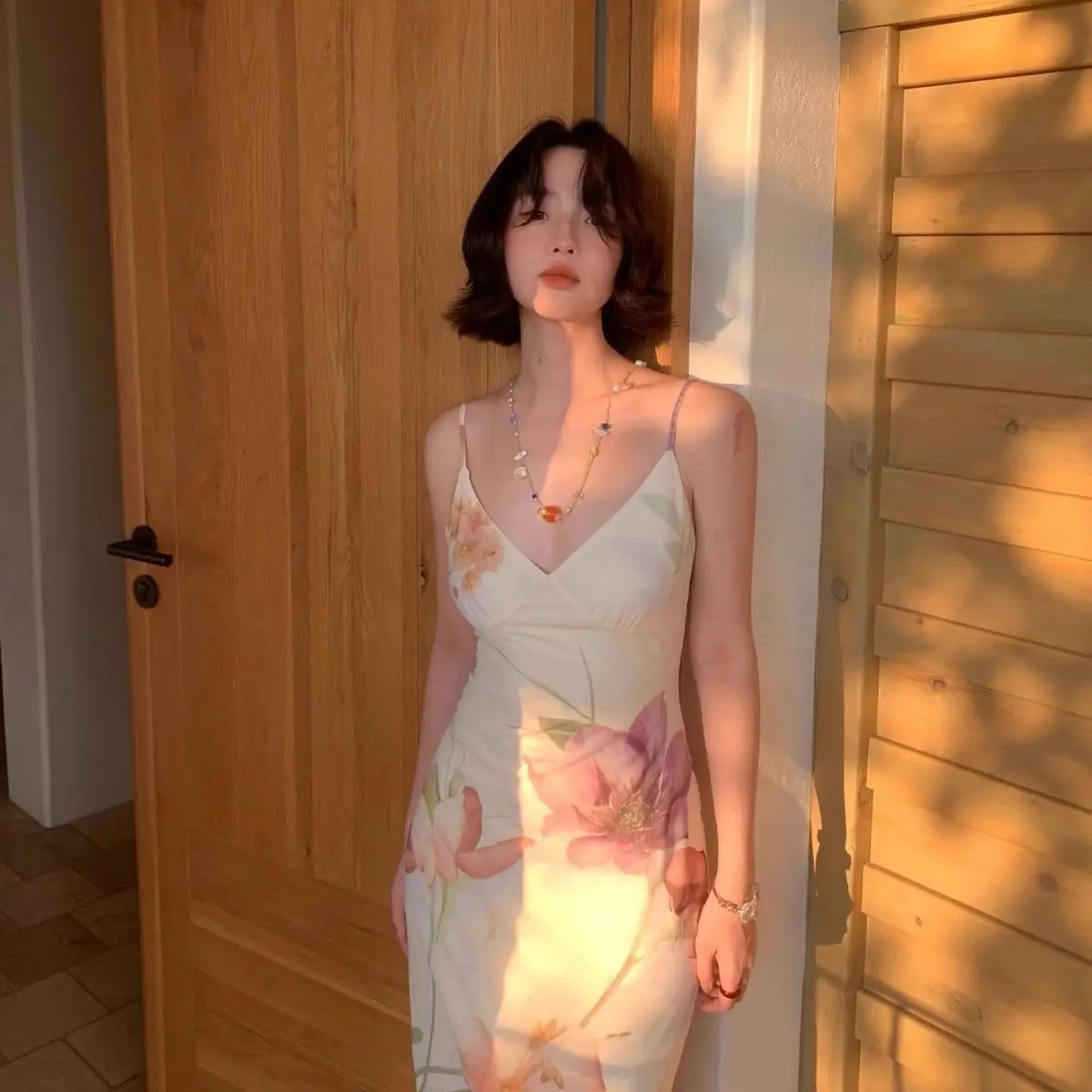 

French Elegant Camisole Dress Women'S Summer New Mesh Printed Fashionable Long Dress