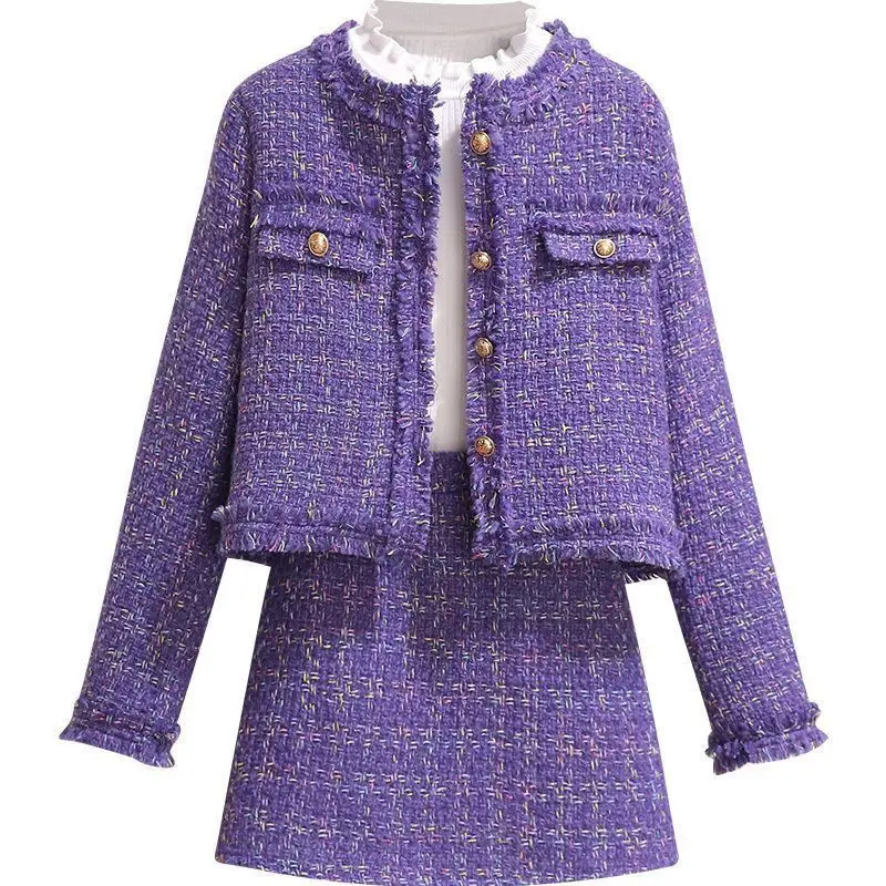 紫色の小さな香りのよいスタイルのスーツスカート 秋冬新作 気質通勤 セレブ インターネットセレブ ツーピースセット