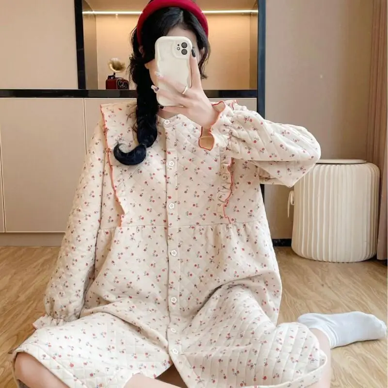 

Women's Pure Cotton Pajamas Set Solid Color Autumn Winter Warm Long Sleeves Sleepwear Comfortable Homewear Cozy Loungewear