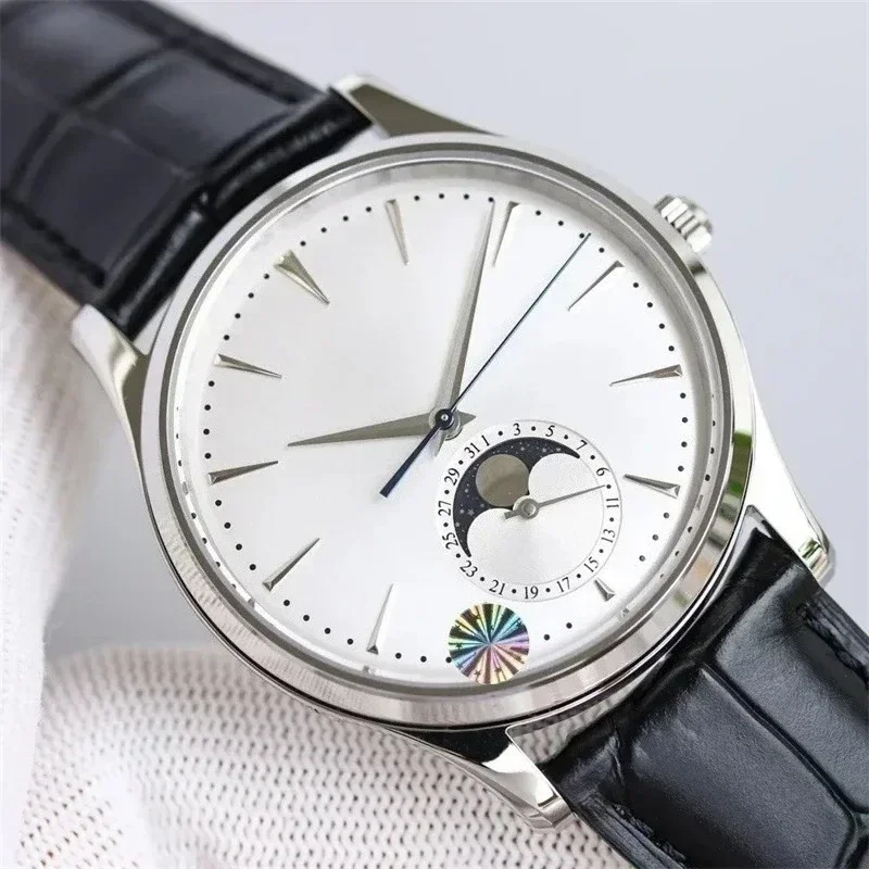 ساعة يد ميكانيكية أوتوماتيكية فاخرة للرجال من الفولاذ المقاوم للصدأ باللون الأسود والأزرق من الجلد MoonPhase ساعة يد رياضية مخصصة #5