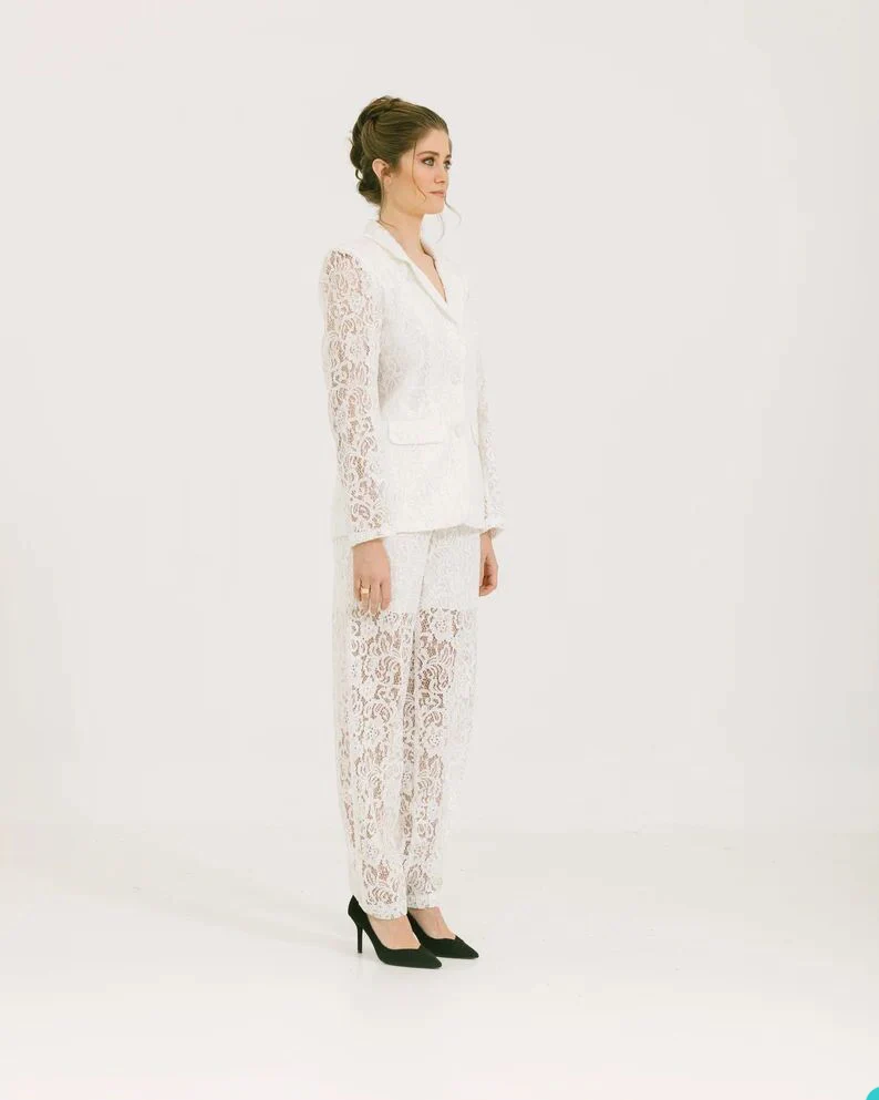 White Lace Women Blazer Suits 2 Pieces Illusion Notched Lapel Slim Fit Jacket Custom Made Pencil Pants Daily Casual Dress