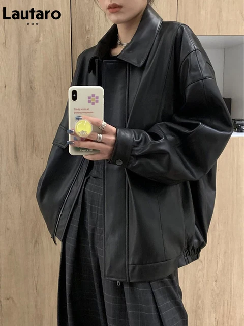 Lautaro wiosna jesień fajne Retro Casual oversize czarna wodoodporna miękka Faux skórzane kurtki dla kobiet zamek w pasie 2022