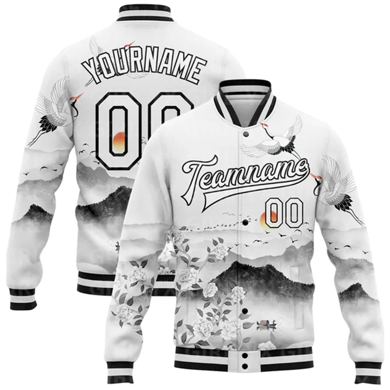 

Custom White Black-Gold Crane And Wave 3D Pattern Design Bomber Full-Snap Varsity Letterman Jacket Baseball Button Jacket