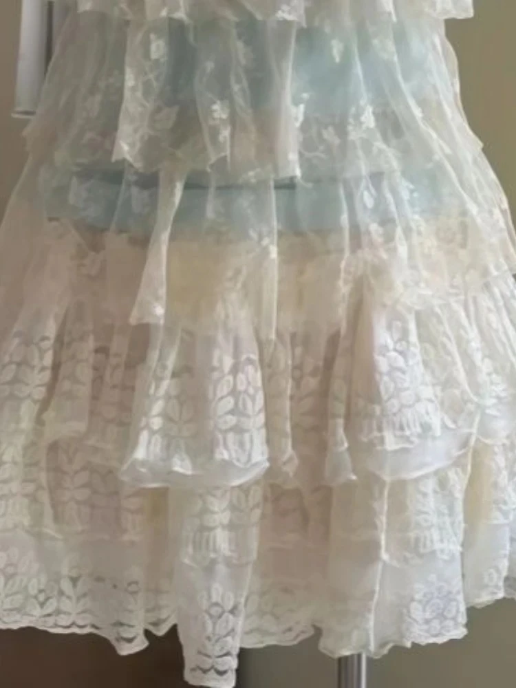 여름 달콤한 귀여운 레이스 업 2 피스 세트 여성 캐주얼 레이스 스플 라이스 민소매 슬래시 넥 탑 + Y2k 하이 웨스트 미니 스커트 한국어