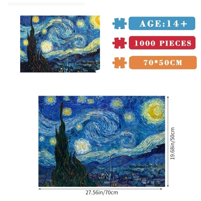 1000pcs Jigsaw Puzzle the Starry Night 70cm*50cm Van Gogh Collection Home Wall Decor Interesting Puzzle for Adults