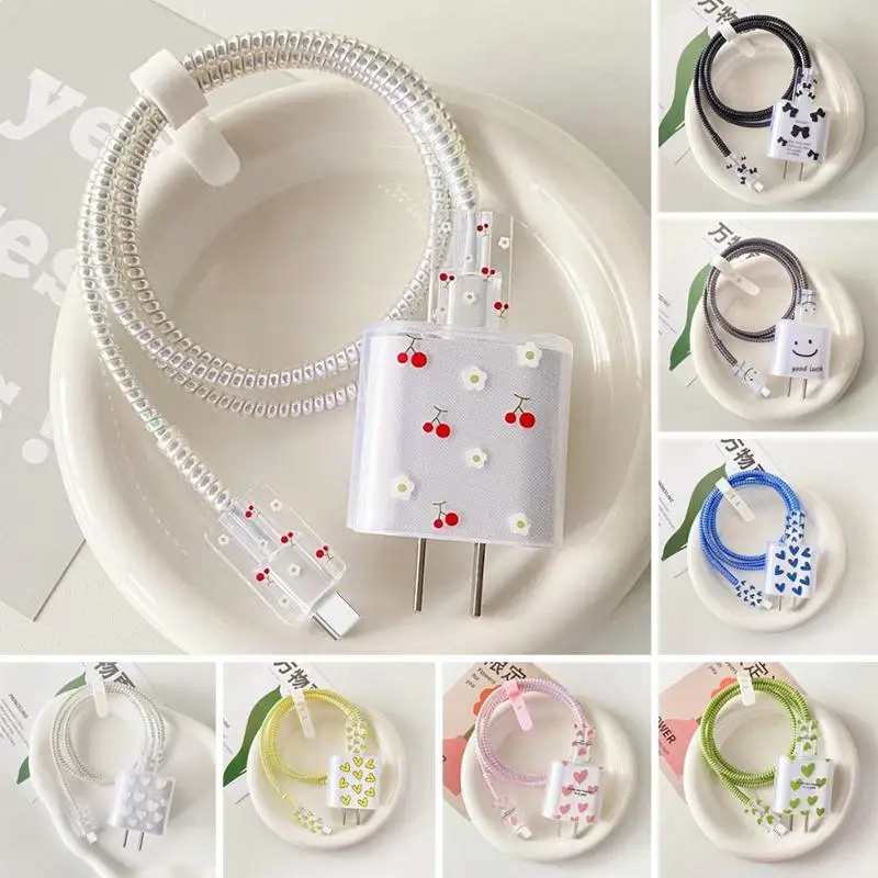 1 Set USB Cable Protection Case Original Charger Protector Cover Cute Love Heart Protective Data Line Spiral Winder