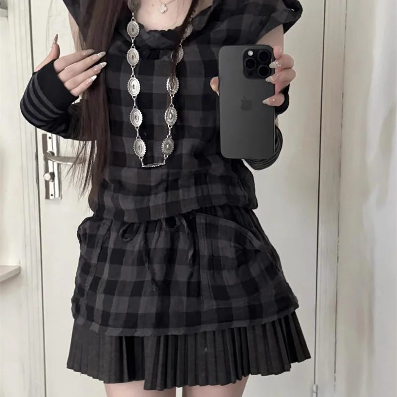 

Vintage Plaid Skirt Set Women's Faion Waist-Cinching Slimming Design Topple Tulle Skirt Sli Ensemble Summer 2025