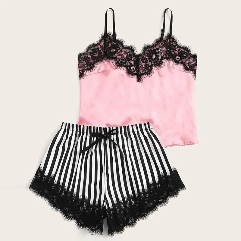 2pcs Summer Women\'s Sexy Home Casual Camisole Pajamas Set with Pink and Black Stripes Paired with Lace Edge V-Neck Sleepwear