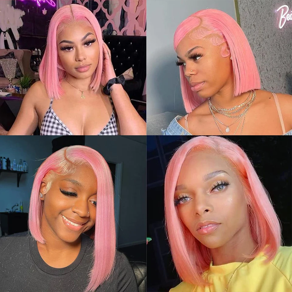 CUBIC Pink Colored Lace Frontal Wig Short Straight Bob Brazilian Remy Human Hair Wigs For Women HD Transparent Lace Frontal Wig