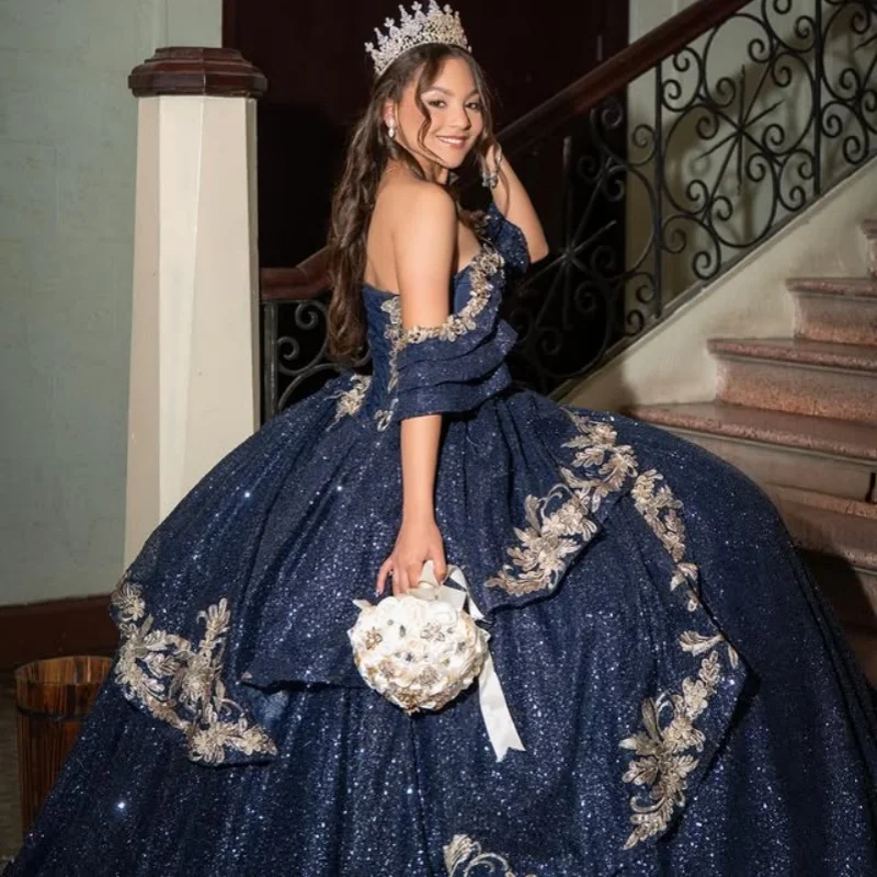 

Customized Shiny dark blue Quinceanera Dresses Off the Shoulder glitter decal Tull layering Long tail Vestido 15 Quinceanera
