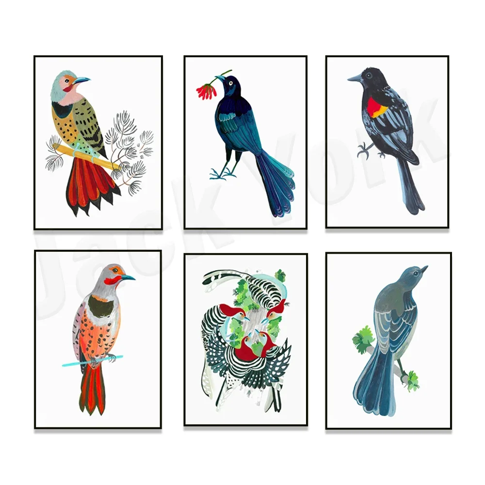 Watercolor big-tailed starling, robin, woodpecker, red-winged blackbird, alabama bird, northern twinkle, yellow hammer art poste