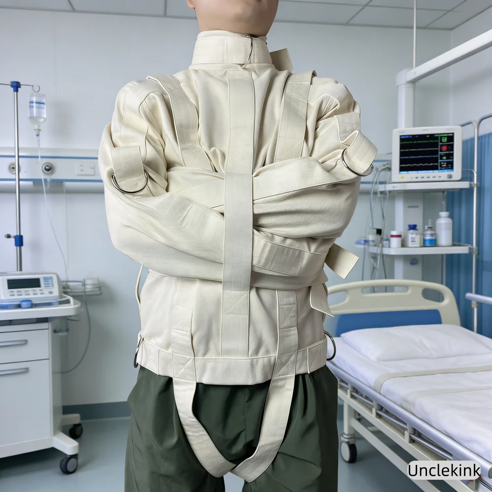 Chaqueta de sujeción médica de lona beige para agitación, manía aguda y psicomotor severo