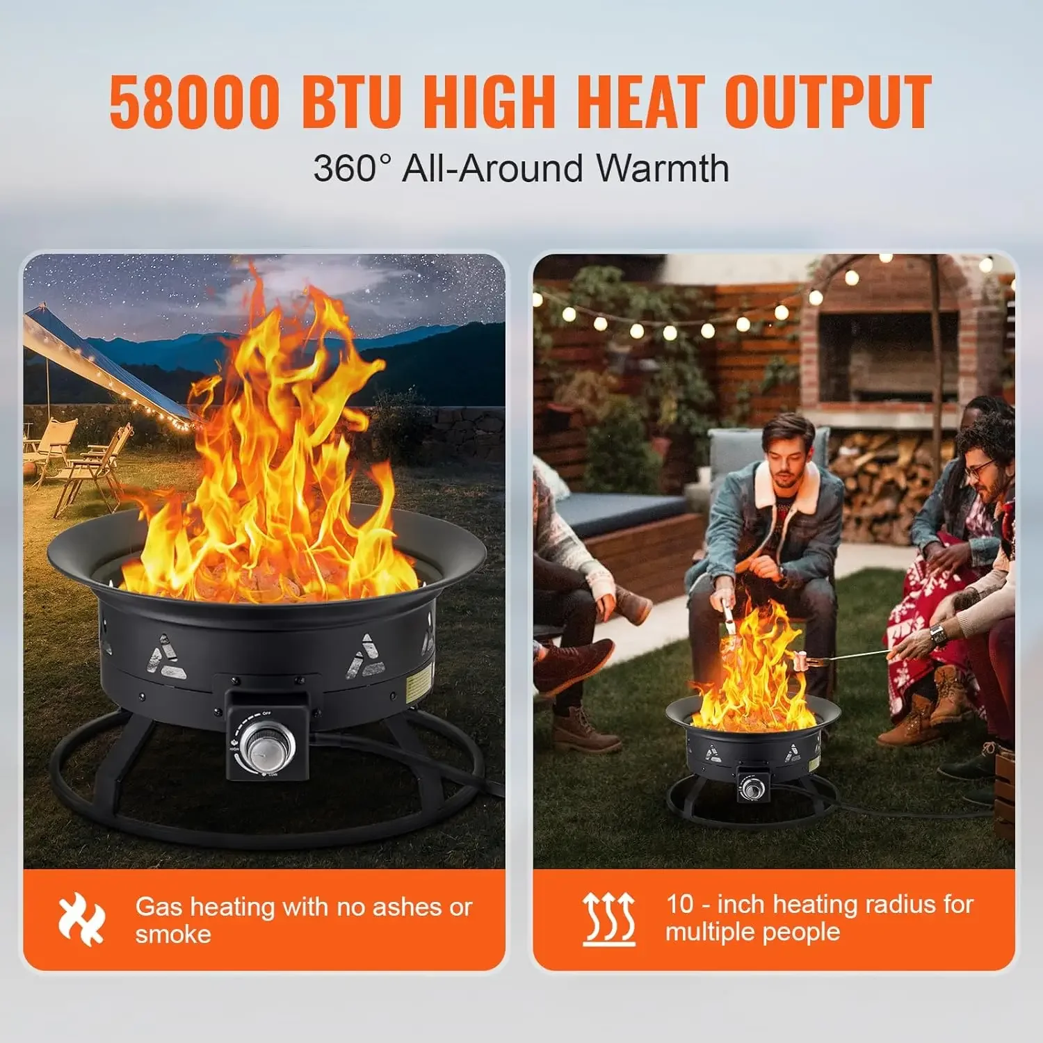 Portable Propane Fire Pit, 24-Inch Diameter Outdoor Gas Fire Pit with Cover & Lava Rocks, Adjustable Flame Height Camping Firepi