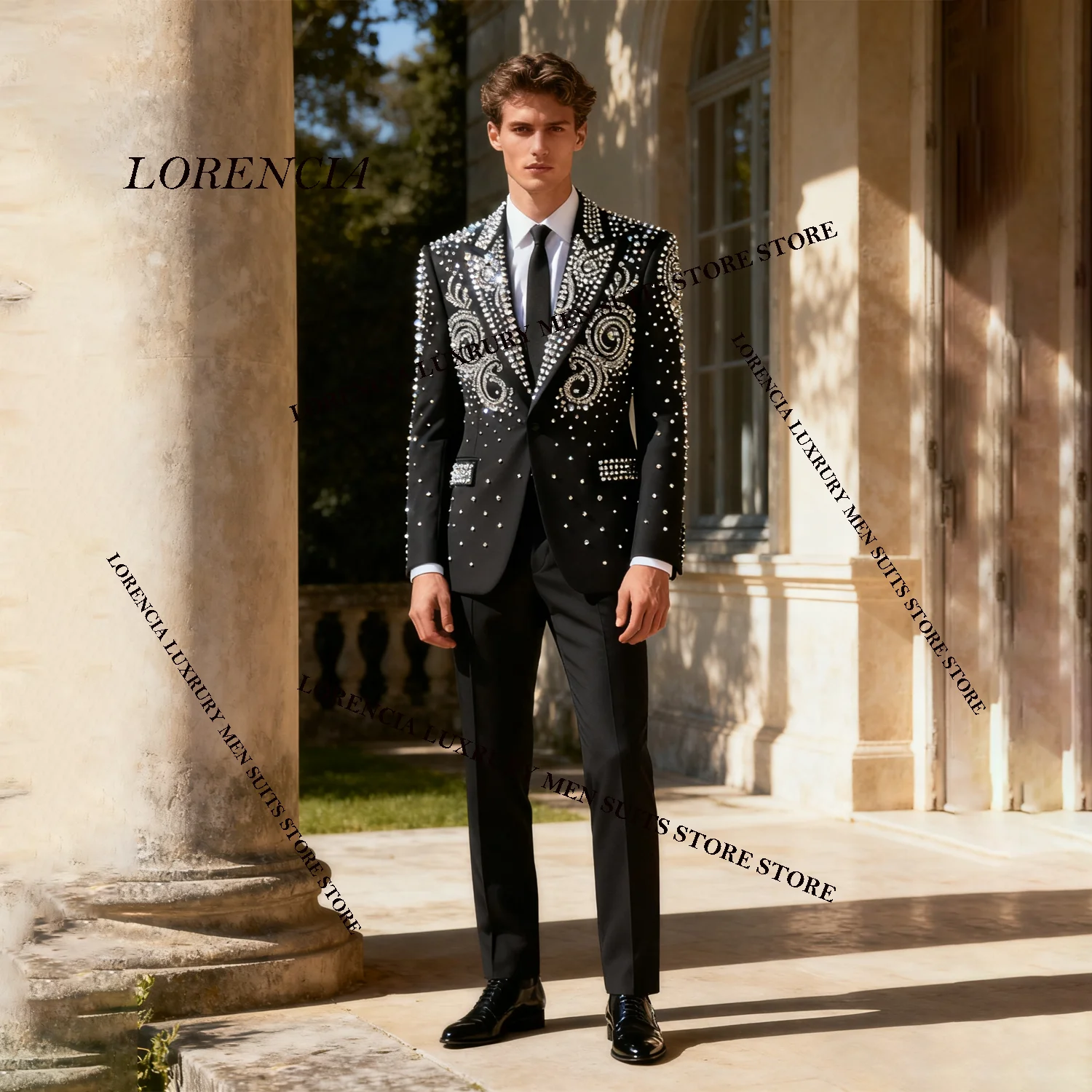 

Exquisite Men Rhinestones Beaded Suits High End Customized Groom 2Pieces Sets Tuxedos Diamond Male Party Prom Blazer Ropa Hombre