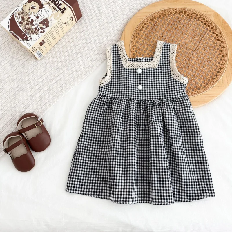 

Girls' Tank Top Dress Summer New Fashionable Lace Plaid Dress for Girls, Forest Style Princess Dress Trendy
