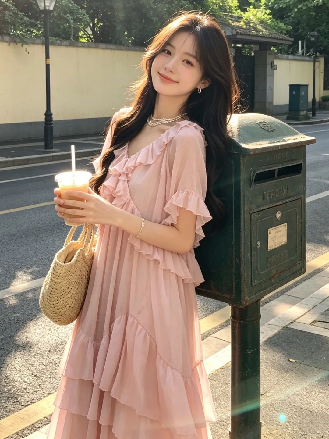 

Summer Gentle Style Unique Beautiful V-neck Long Skirt Women's Dress High Waist Short Sleeve Fairy Skirt for Various Occasions