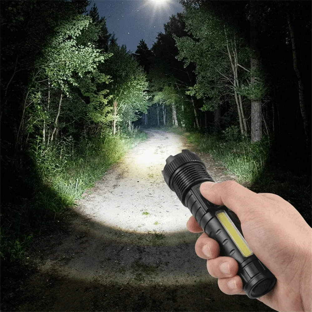Super Bright Zoom Rechargeable Flashlight Long Lasting Runtime Portable COB Work Light Power Display Durable Emergency Torch